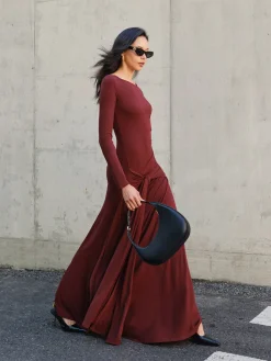 COMMENSE Casual Dresses|Cocktail & Party Dresses^Knotted Ruched Jersey Long Dress Burgundy