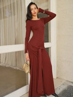 COMMENSE Casual Dresses|Cocktail & Party Dresses^Knotted Ruched Jersey Long Dress Burgundy