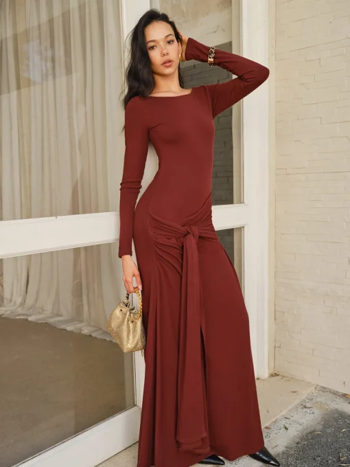 COMMENSE Casual Dresses|Cocktail & Party Dresses^Knotted Ruched Jersey Long Dress Burgundy