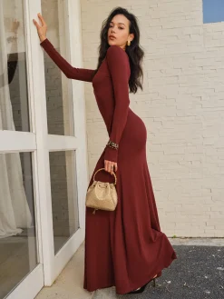 COMMENSE Casual Dresses|Cocktail & Party Dresses^Knotted Ruched Jersey Long Dress Burgundy
