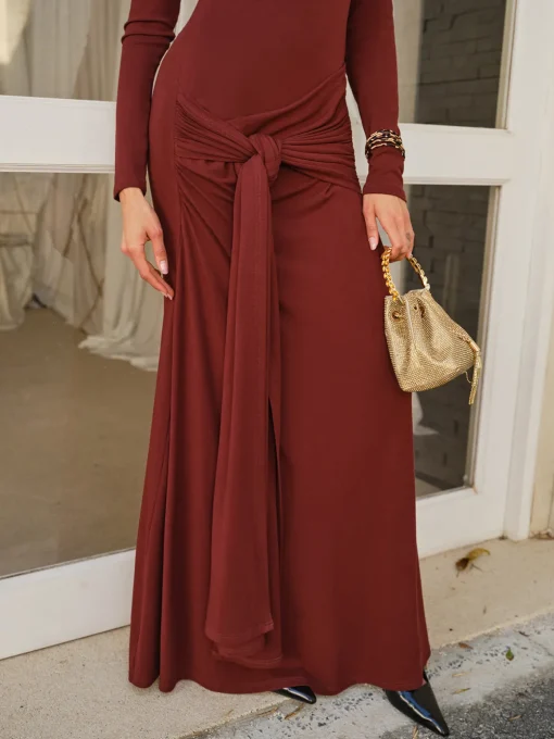 COMMENSE Casual Dresses|Cocktail & Party Dresses^Knotted Ruched Jersey Long Dress Burgundy