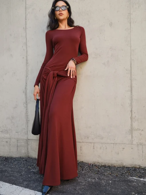 COMMENSE Casual Dresses|Cocktail & Party Dresses^Knotted Ruched Jersey Long Dress Burgundy