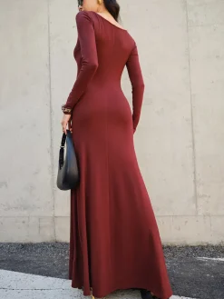 COMMENSE Casual Dresses|Cocktail & Party Dresses^Knotted Ruched Jersey Long Dress Burgundy