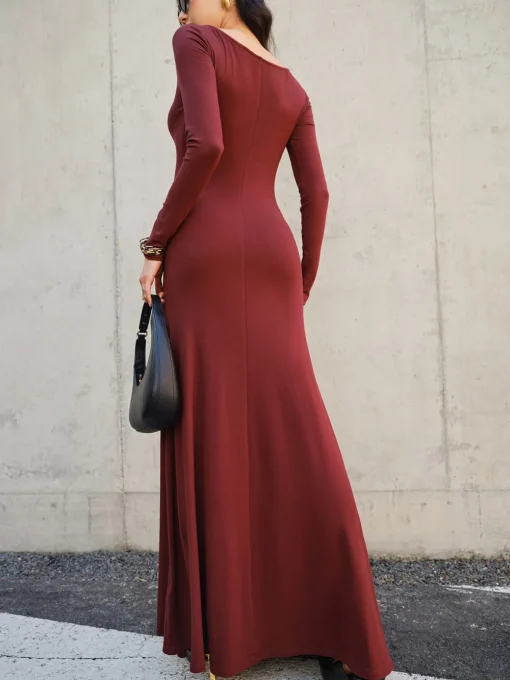 COMMENSE Casual Dresses|Cocktail & Party Dresses^Knotted Ruched Jersey Long Dress Burgundy