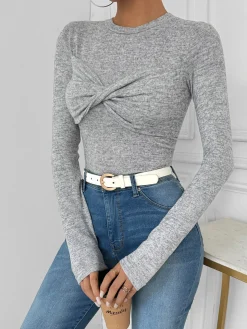 COMMENSE T-shirts|Tops^Knotted Skinny Jersey Top LightGrey