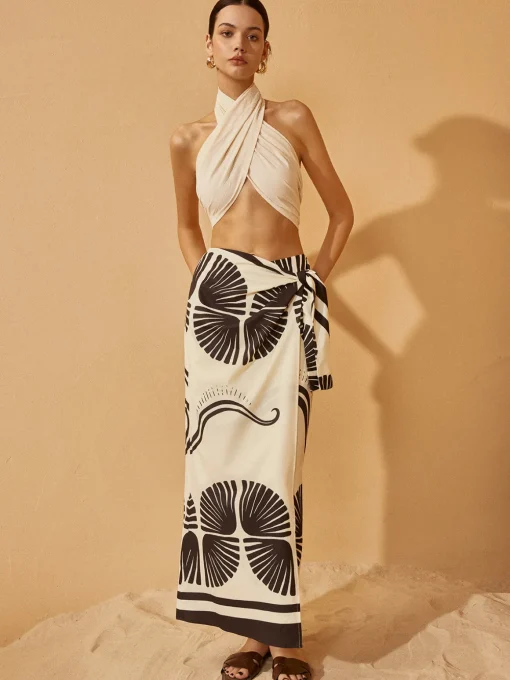 COMMENSE Skirts|Bottoms^Knotted Wrap Floral Skirt BlackandWhite