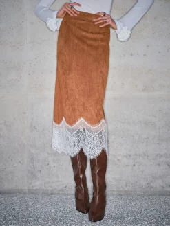 COMMENSE Skirts|Bottoms^Lace Hem Suede Skirt Brown