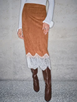 COMMENSE Skirts|Bottoms^Lace Hem Suede Skirt Brown
