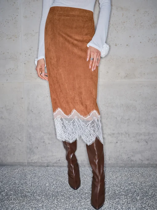 COMMENSE Skirts|Bottoms^Lace Hem Suede Skirt Brown