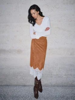 COMMENSE Skirts|Bottoms^Lace Hem Suede Skirt Brown