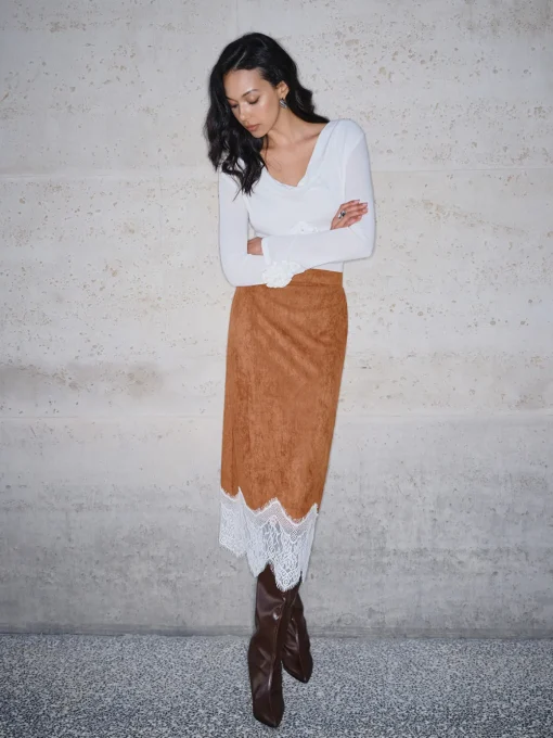 COMMENSE Skirts|Bottoms^Lace Hem Suede Skirt Brown
