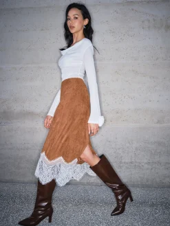 COMMENSE Skirts|Bottoms^Lace Hem Suede Skirt Brown