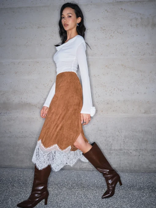 COMMENSE Skirts|Bottoms^Lace Hem Suede Skirt Brown