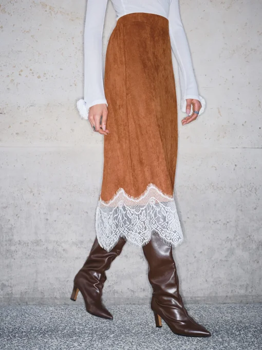 COMMENSE Skirts|Bottoms^Lace Hem Suede Skirt Brown
