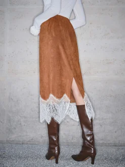 COMMENSE Skirts|Bottoms^Lace Hem Suede Skirt Brown