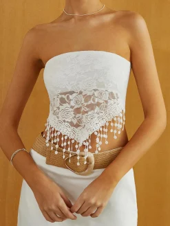 COMMENSE Tank Tops & Camis^Lace Insert Tassel Hem Tube Top White