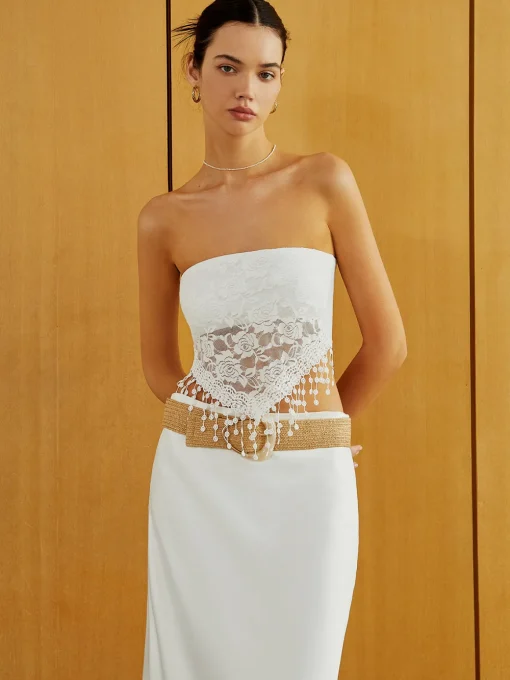 COMMENSE Tank Tops & Camis^Lace Insert Tassel Hem Tube Top White