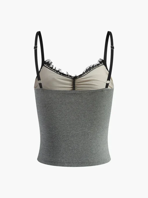 COMMENSE Tank Tops & Camis|Tops^Lace Panel Ribbed Cami Top Grey