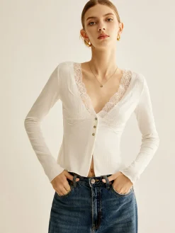 COMMENSE Blouses & Shirts|Tops^Lace Panel V-Neck Blouse White