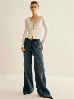 COMMENSE Blouses & Shirts|Tops^Lace Panel V-Neck Blouse White