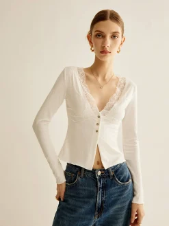 COMMENSE Blouses & Shirts|Tops^Lace Panel V-Neck Blouse White