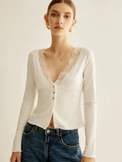 COMMENSE Blouses & Shirts|Tops^Lace Panel V-Neck Blouse White