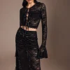 COMMENSE Skirt Sets|Long Sleeve Sets^Lace Sheer Pleated Maxi Skirt Set Black