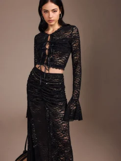 COMMENSE Skirt Sets|Long Sleeve Sets^Lace Sheer Pleated Maxi Skirt Set Black