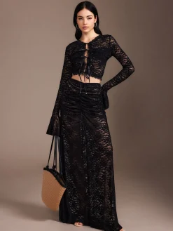 COMMENSE Skirt Sets|Long Sleeve Sets^Lace Sheer Pleated Maxi Skirt Set Black
