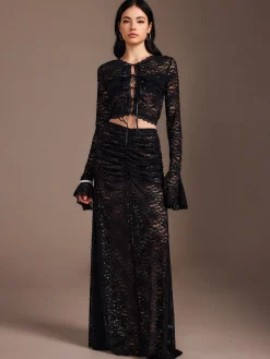 COMMENSE Skirt Sets|Long Sleeve Sets^Lace Sheer Pleated Maxi Skirt Set Black