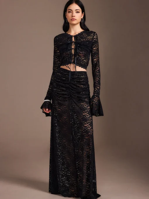 COMMENSE Skirt Sets|Long Sleeve Sets^Lace Sheer Pleated Maxi Skirt Set Black