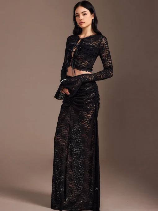 COMMENSE Skirt Sets|Long Sleeve Sets^Lace Sheer Pleated Maxi Skirt Set Black