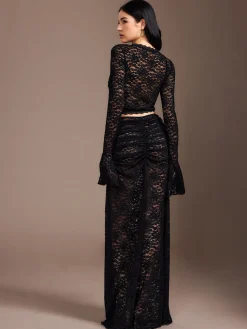 COMMENSE Skirt Sets|Long Sleeve Sets^Lace Sheer Pleated Maxi Skirt Set Black