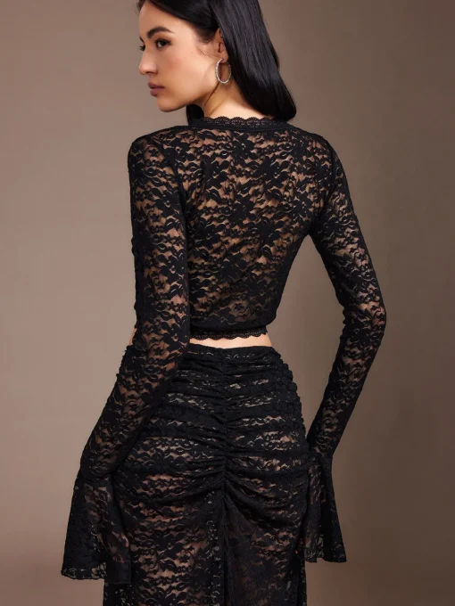 COMMENSE Skirt Sets|Long Sleeve Sets^Lace Sheer Pleated Maxi Skirt Set Black