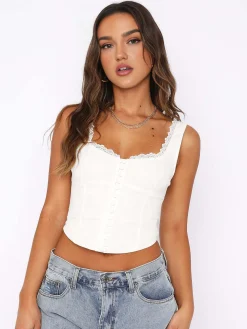 COMMENSE Tank Tops & Camis^Lace Trim Button Up Tank Top White