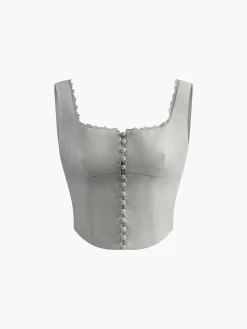 COMMENSE Tank Tops & Camis^Lace Trim Button Up Tank Top White