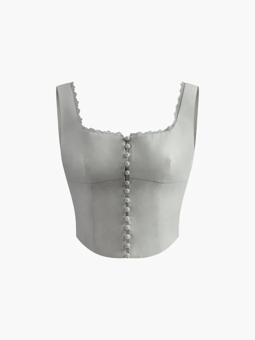 COMMENSE Tank Tops & Camis^Lace Trim Button Up Tank Top White