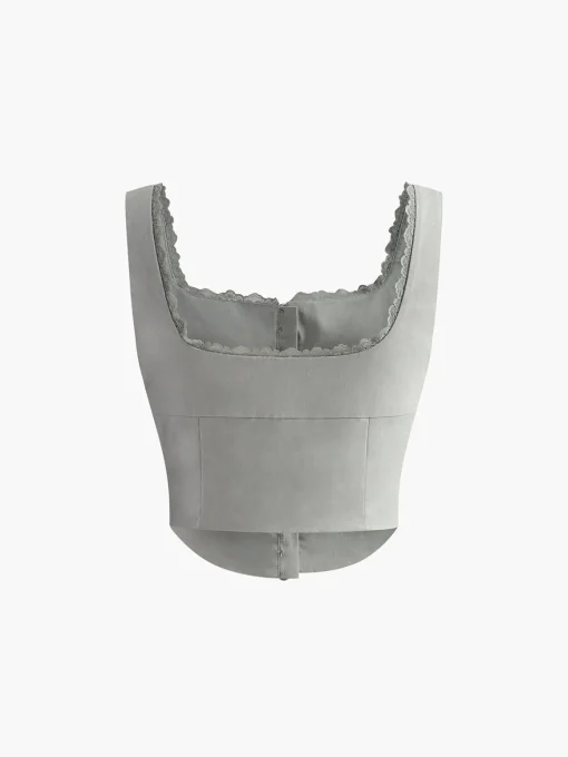 COMMENSE Tank Tops & Camis^Lace Trim Button Up Tank Top White