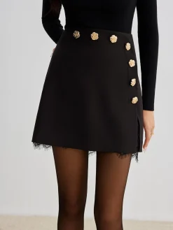COMMENSE Skirts|Bottoms^Lace Trim Metal-Flower Zipper Skirt Black