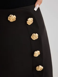 COMMENSE Skirts|Bottoms^Lace Trim Metal-Flower Zipper Skirt Black