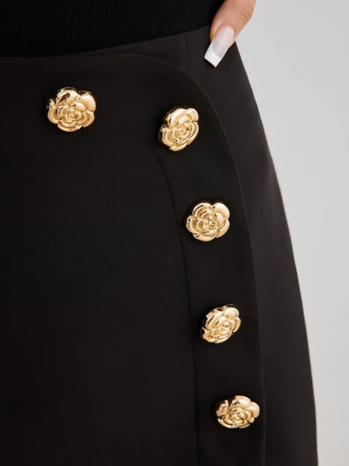 COMMENSE Skirts|Bottoms^Lace Trim Metal-Flower Zipper Skirt Black