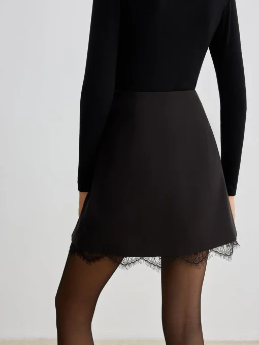 COMMENSE Skirts|Bottoms^Lace Trim Metal-Flower Zipper Skirt Black