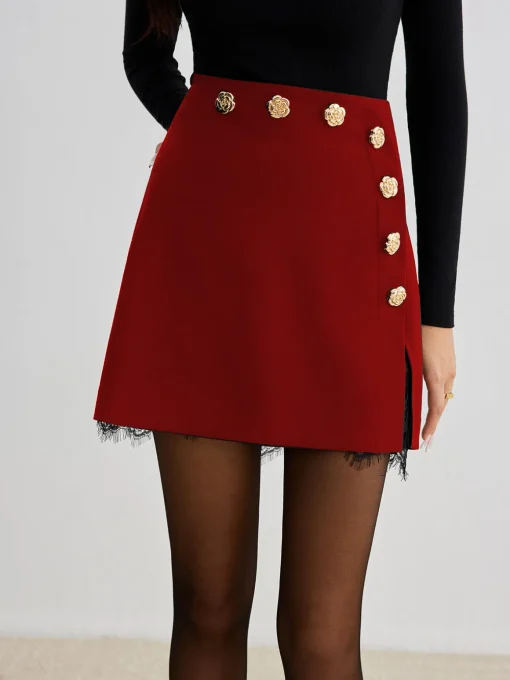 COMMENSE Skirts|Bottoms^Lace Trim Metal-Flower Zipper Skirt Black