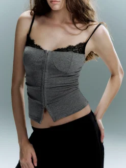 COMMENSE Corset Tops|Tops^Lace Trim Petite Corset Grey