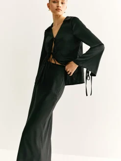 COMMENSE Skirt Sets|Long Sleeve Sets^Lace Up Satin Midi Skirt Set Black