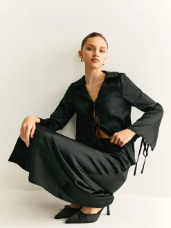 COMMENSE Skirt Sets|Long Sleeve Sets^Lace Up Satin Midi Skirt Set Black