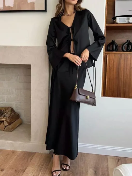 COMMENSE Skirt Sets|Long Sleeve Sets^Lace Up Satin Midi Skirt Set Black