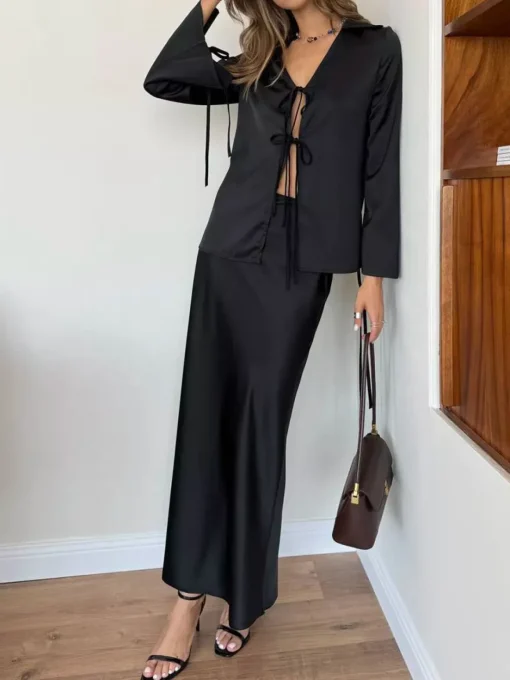 COMMENSE Skirt Sets|Long Sleeve Sets^Lace Up Satin Midi Skirt Set Black