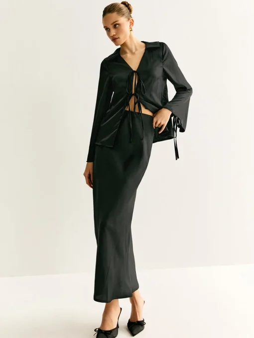 COMMENSE Skirt Sets|Long Sleeve Sets^Lace Up Satin Midi Skirt Set Black