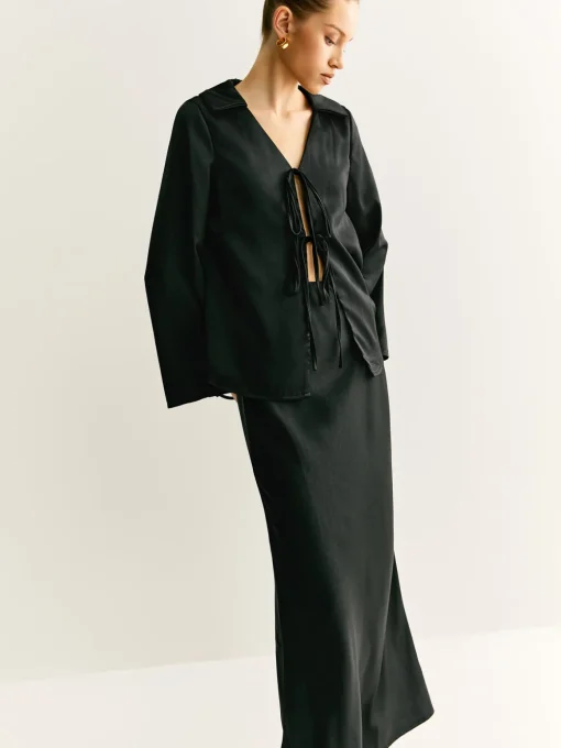 COMMENSE Skirt Sets|Long Sleeve Sets^Lace Up Satin Midi Skirt Set Black